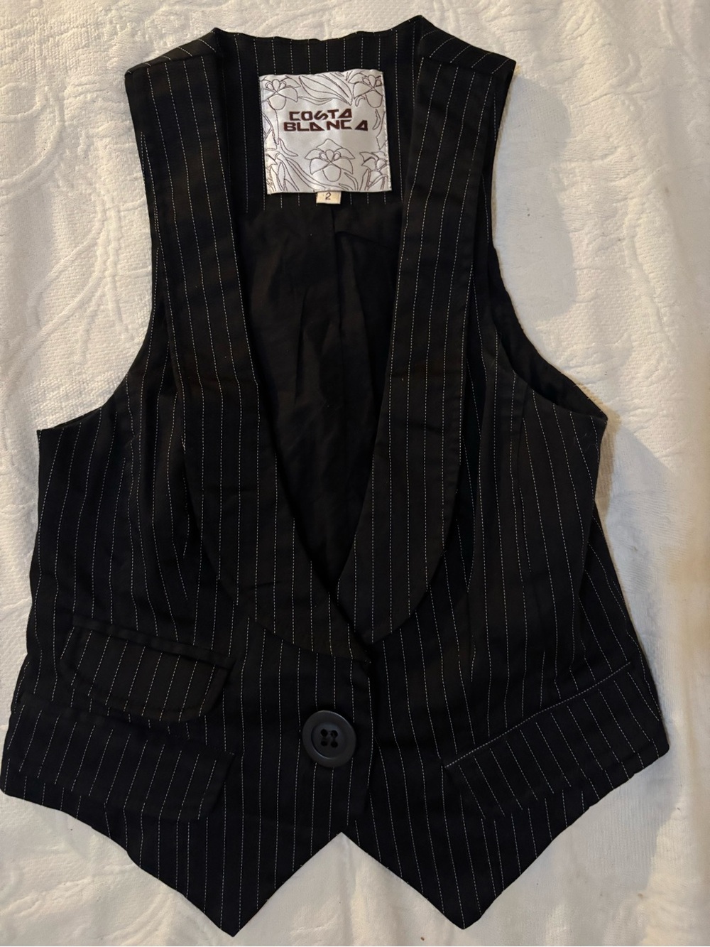 Costa Blanca Black Pinstripe Vest Label Close-Up